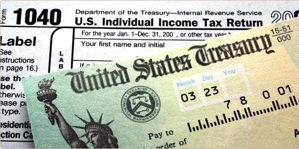 income tax document and united states treasurey check